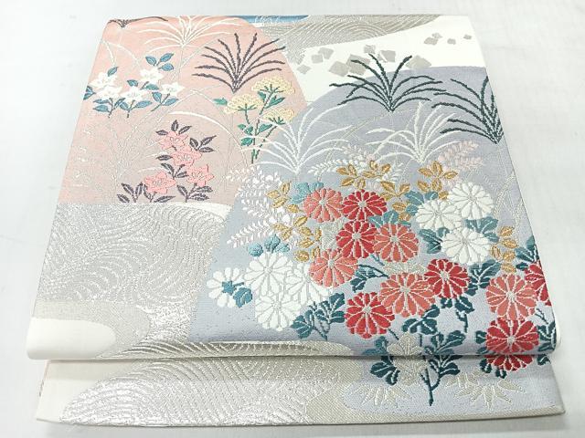 平和屋着物◎六通柄袋帯 流水草花文 金銀糸 正絹 逸品 CABI4555nb