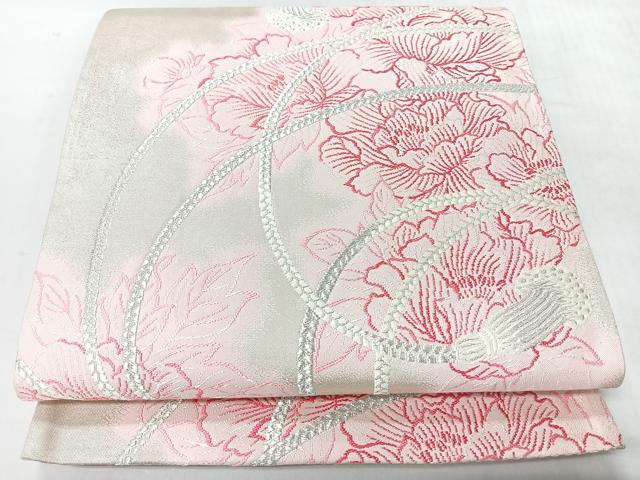 平和屋着物◎六通柄袋帯 結び紐牡丹文 銀糸 正絹 逸品 CABI4564nb