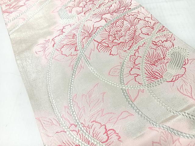 平和屋着物◎六通柄袋帯 結び紐牡丹文 銀糸 正絹 逸品 CABI4564nb