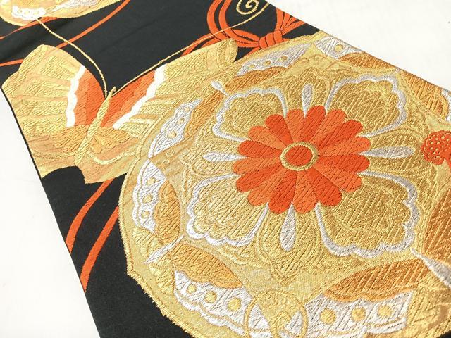 平和屋着物◎六通柄袋帯 唐織 鏡裏舞蝶文 黒地 金銀糸 正絹 逸品 CABI4574nb