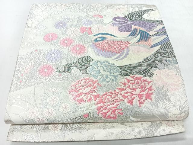 平和屋着物◎六通柄袋帯 唐織 九百錦 鴛鴦扇面文 銀糸 正絹 逸品 未使用 CABI4584nb