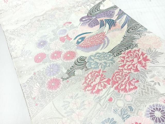平和屋着物◎六通柄袋帯 唐織 九百錦 鴛鴦扇面文 銀糸 正絹 逸品 未使用 CABI4584nb