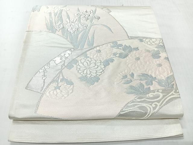 平和屋着物◎両面 太鼓柄袋帯 唐織 地紙草花文 銀糸 正絹 逸品 CABI4590nb