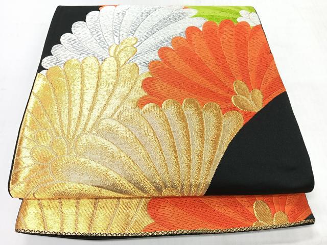 平和屋着物◎六通柄袋帯 唐織 菊 黒地 金銀糸 正絹 逸品 CABI4593nb