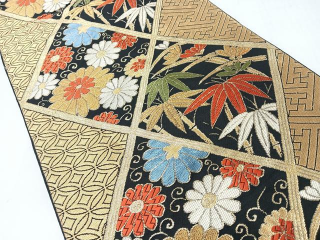 平和屋着物◎六通柄袋帯 草花文 黒地 金糸 正絹 逸品 CABI4603nb