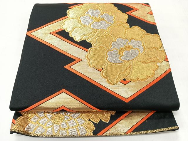 平和屋着物◎六通柄袋帯 唐織 松皮菱舞花文 黒地 金銀糸 正絹 逸品 CABI4611nb