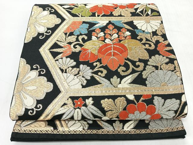 平和屋着物◎六通柄袋帯 草花文 黒地 金銀糸 正絹 逸品 CABI4613nb