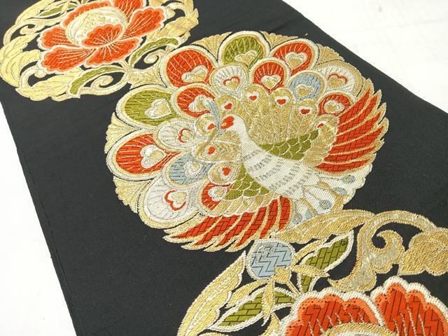 平和屋着物◎六通柄 本袋帯 孔雀花丸文 黒地 金糸 正絹 逸品 CABI4614nb