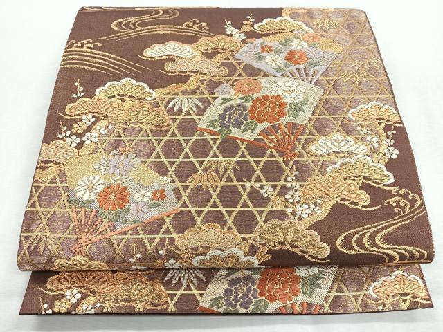 平和屋着物◎六通柄袋帯 唐織 流水扇面草花文 松 金糸 正絹 逸品 CABI4615nb