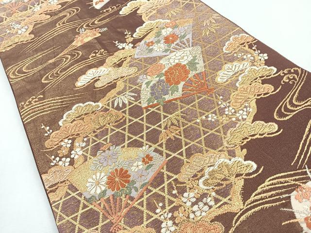 平和屋着物◎六通柄袋帯 唐織 流水扇面草花文 松 金糸 正絹 逸品 CABI4615nb