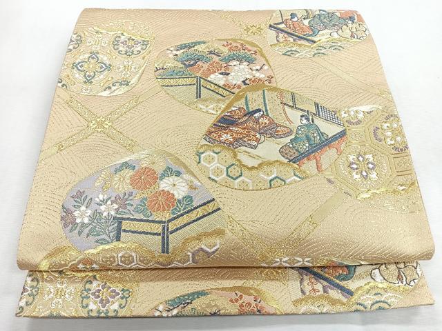 平和屋着物◎六通柄袋帯 貝合せ流水人物風景文 金糸 正絹 逸品 CABI4637nb