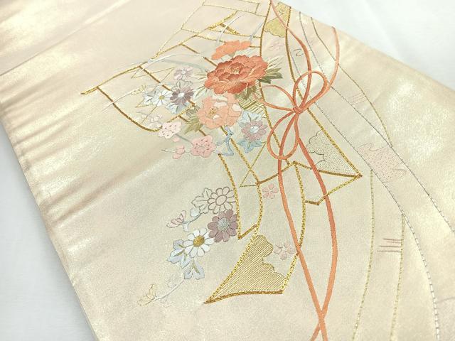 平和屋着物◎太鼓柄袋帯 総刺繍 駒刺繍 結び紐 草花文 金銀糸 鈴乃屋扱い 正絹 逸品 未使用 CABI4638nb