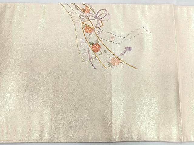 平和屋着物◎太鼓柄袋帯 総刺繍 駒刺繍 結び紐 草花文 金銀糸 鈴乃屋扱い 正絹 逸品 未使用 CABI4638nb