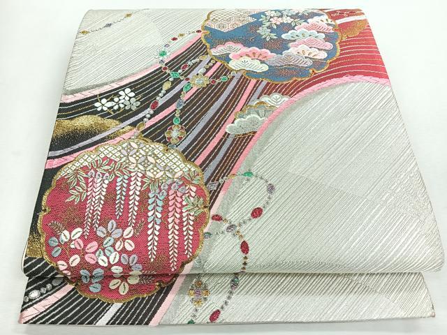 平和屋着物◎六通柄袋帯 唐織 鏡裏草花文 金銀糸 正絹 逸品 CABI4639nb
