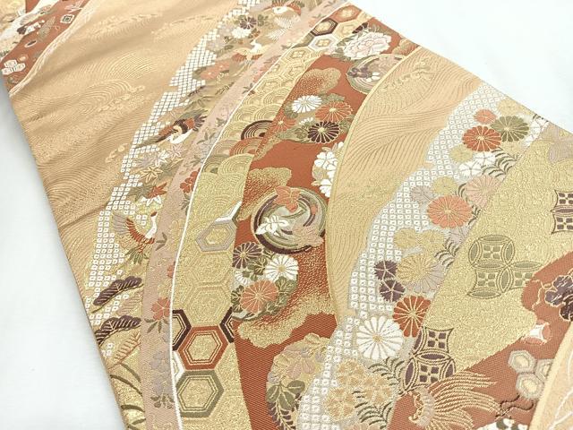 平和屋着物◎六通柄袋帯 唐織 松彩錦 流水飛鶴草花文 金糸 正絹 逸品 CABI4641nb