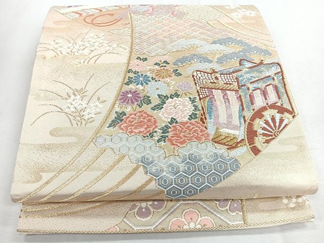 平和屋着物◎六通柄袋帯 唐織 扇面御所車草花文 金糸 正絹 逸品 CABI4643nb