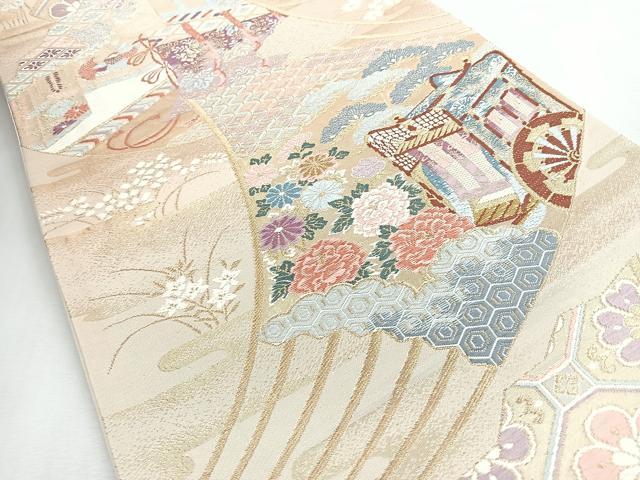 平和屋着物◎六通柄袋帯 唐織 扇面御所車草花文 金糸 正絹 逸品 CABI4643nb