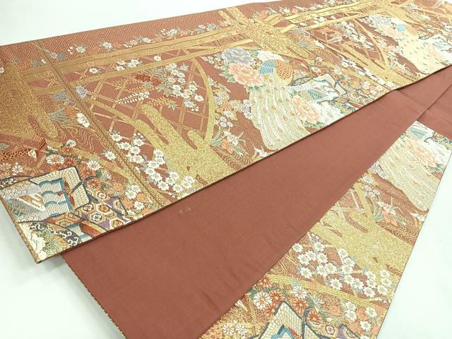 平和屋着物◎六通柄袋帯 唐織 御所車孔雀草花文 金糸 正絹 逸品 CABI4648nb