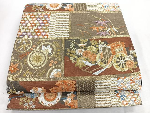 平和屋着物◎六通柄袋帯 唐織 御所車草花文 金糸 正絹 逸品 CABI4651nb