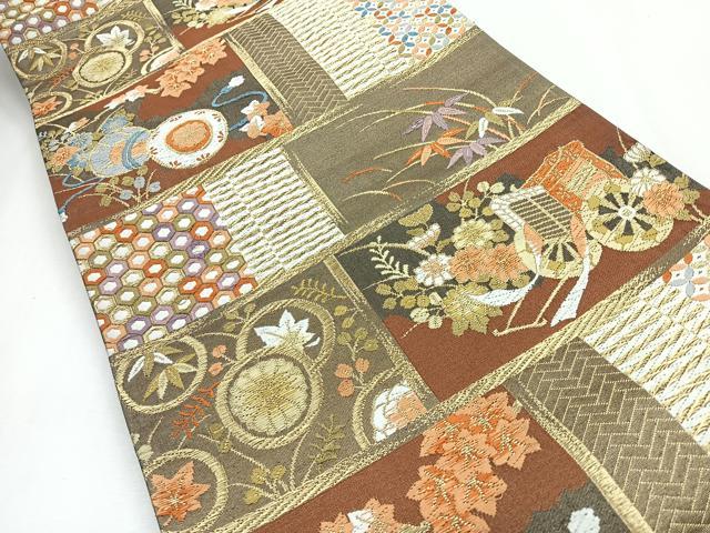 平和屋着物◎六通柄袋帯 唐織 御所車草花文 金糸 正絹 逸品 CABI4651nb