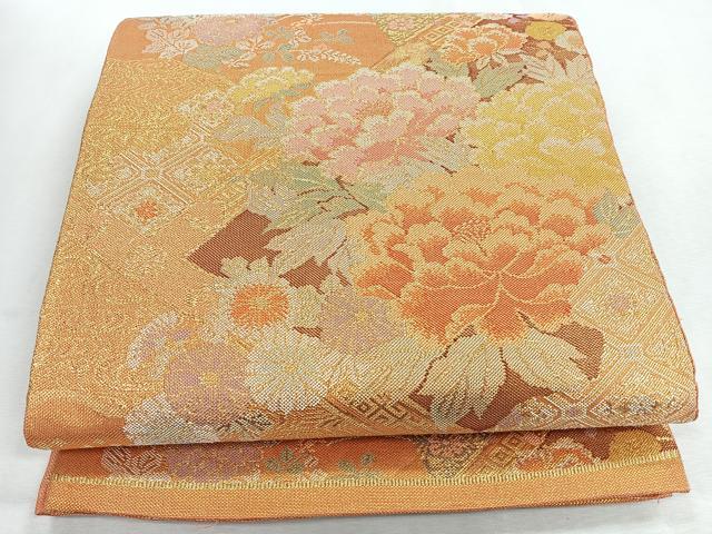 平和屋着物◎六通柄袋帯 牡丹 金糸 正絹 逸品 CABI4653nb