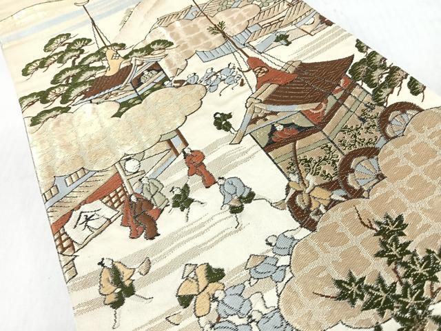 平和屋着物◎六通柄袋帯 唐織 人物風景文 金糸 正絹 逸品 CABI4717nb