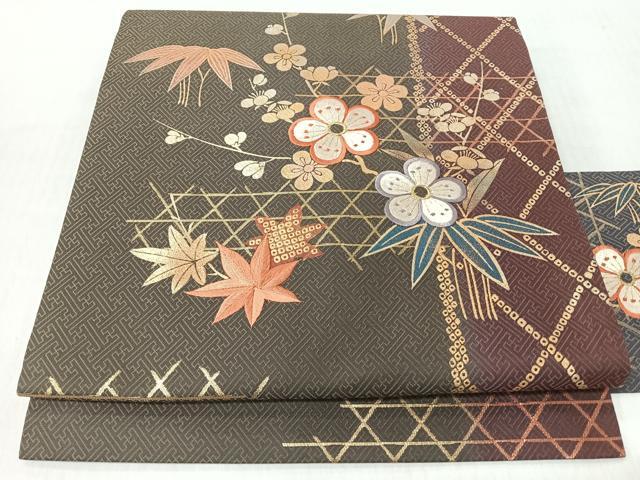 平和屋着物◎九寸名古屋帯 刺繍 笹竹梅文 金糸 正絹 逸品 CABI4734nb
