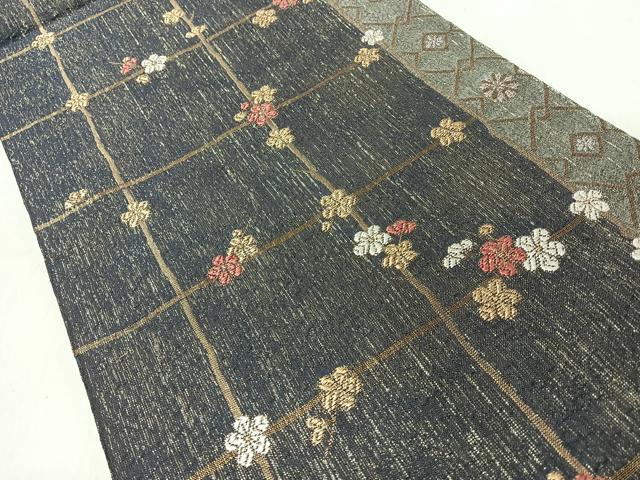 平和屋着物◎六通柄袋帯 格子梅文 金糸 正絹 逸品 未使用 CABI4736nb