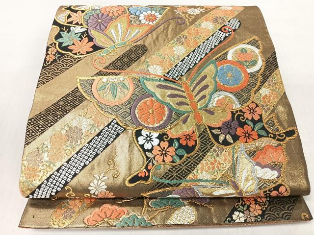 平和屋着物◎六通柄袋帯 唐織 草花舞蝶文 黒地 金銀糸 正絹 逸品 CABI4765nb