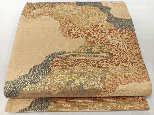 平和屋着物◎六通柄袋帯 道長草花文 金糸 正絹 逸品 CABI4770nb