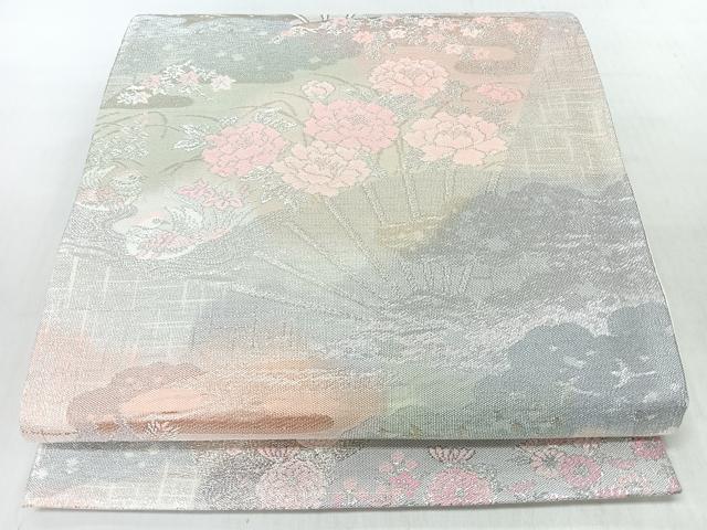 平和屋着物◎六通柄袋帯 扇面草花文 銀糸 正絹 逸品 未使用 CABI4773nb