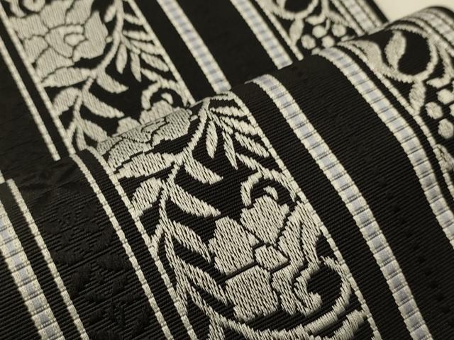 平和屋着物●本場筑前博多織 半幅帯 小袋帯 小野和也作 博多金ラベル 花唐草間道 黒地 証紙付き 逸品 CABI4808ak