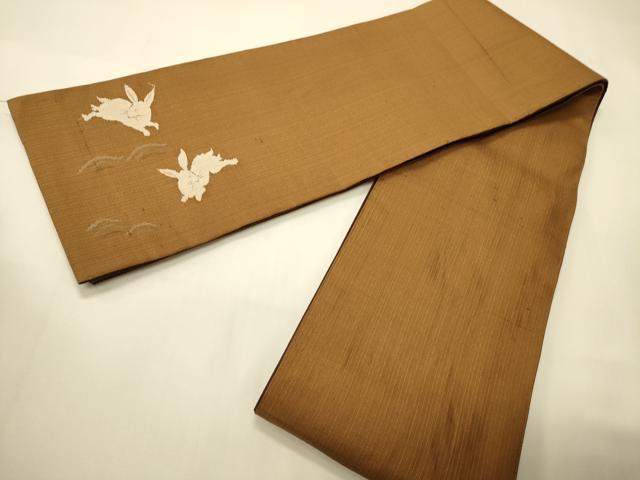 平和屋着物●半幅帯 紬地 兎/うさぎ 胡桃色 正絹 逸品 CABI4813ak