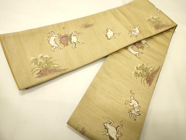 平和屋着物●両面 半幅帯 鳥獣戯画/花唐草文 金糸 正絹 逸品 未使用 CABI4814ak
