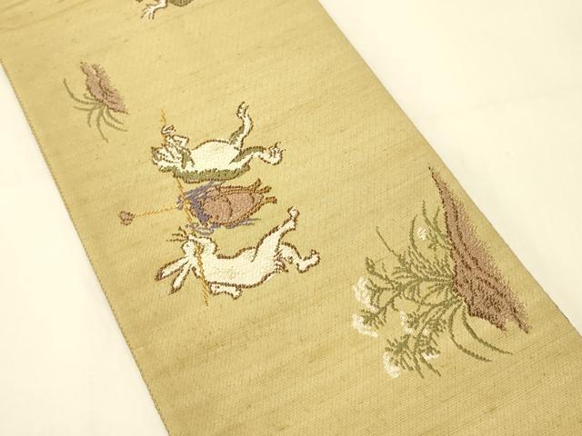 平和屋着物●両面 半幅帯 鳥獣戯画/花唐草文 金糸 正絹 逸品 未使用 CABI4814ak