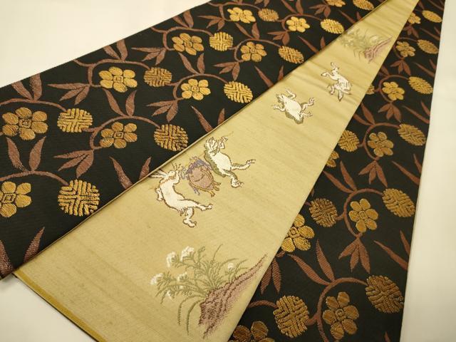 平和屋着物●両面 半幅帯 鳥獣戯画/花唐草文 金糸 正絹 逸品 未使用 CABI4814ak