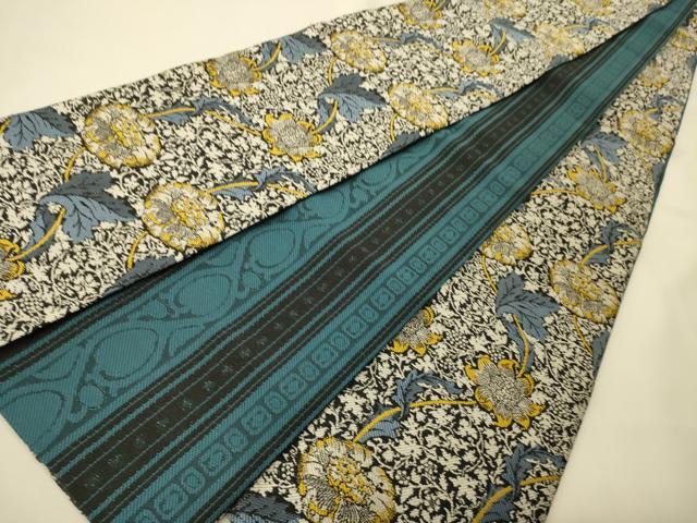 平和屋着物●着物作家 岡本龍三 西陣 両面 半幅帯 草花文 反端付き 正絹 逸品 未使用 CABI4817ak