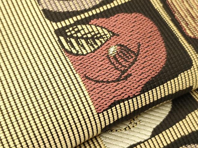平和屋着物●本場筑前博多織 両面 半幅帯 市松花文 金糸 正絹 逸品 未使用 CABI4820ak