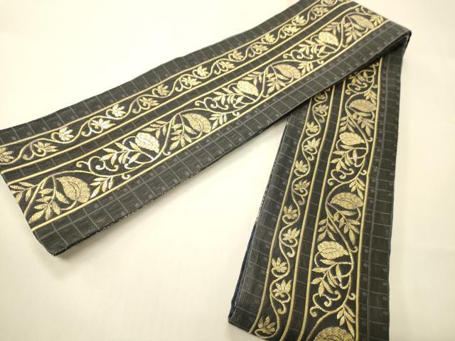 平和屋着物●両面 半幅帯 花唐草間道 金糸 正絹 逸品 未使用 CABI4822ak