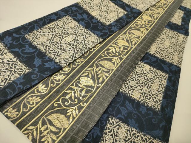 平和屋着物●両面 半幅帯 花唐草間道 金糸 正絹 逸品 未使用 CABI4822ak