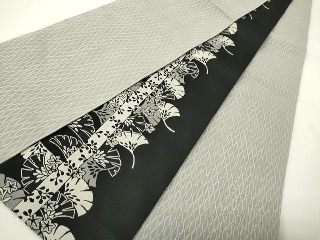 平和屋着物●両面 半幅帯 銀杏間道/立涌文 黒地 未使用 CABI4836ak