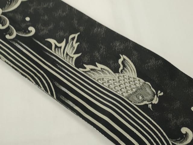 平和屋着物●男性 両面 角帯 鯉/コイ 市松文 黒地 銀糸 CABI4889ak