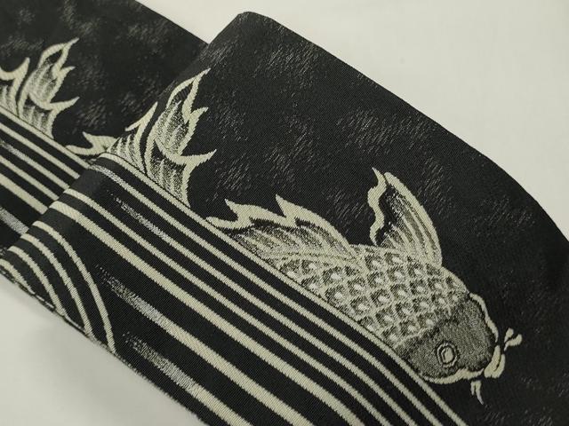 平和屋着物●男性 両面 角帯 鯉/コイ 市松文 黒地 銀糸 CABI4888ak