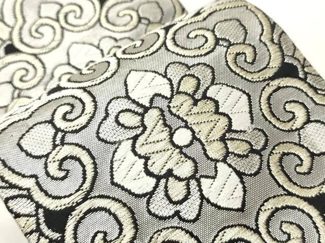 平和屋着物●男性 両面 角帯 正倉院花文 黒地 銀糸 正絹 逸品 CABI4892ak