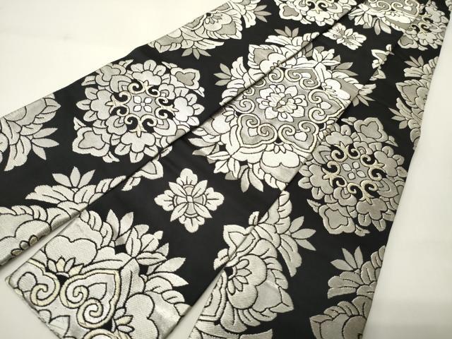 平和屋着物●男性 両面 角帯 正倉院花文 黒地 銀糸 正絹 逸品 CABI4892ak