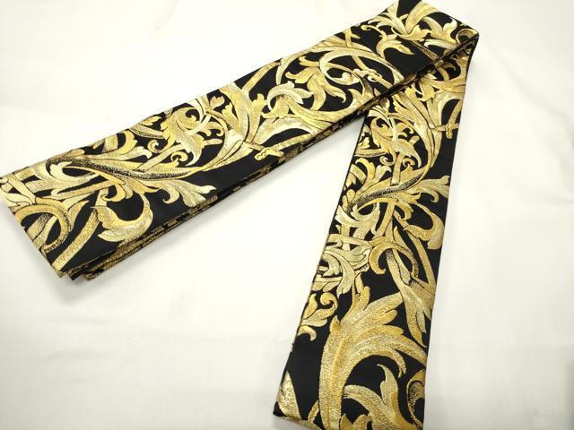 平和屋着物●男性 角帯 花唐草文 黒地 金糸 正絹 逸品 CABI4906ak