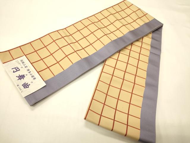 平和屋着物●本場筑前博多織 両面 半幅帯 井上絹織謹製 小袋帯 格子柄/縞 証紙付き 正絹 逸品 未使用 CABI4927ak