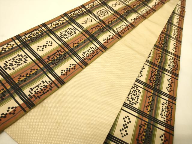 平和屋着物●本場筑前博多織 半幅帯 花織 幾何学文 正絹 逸品 CABI4953ak