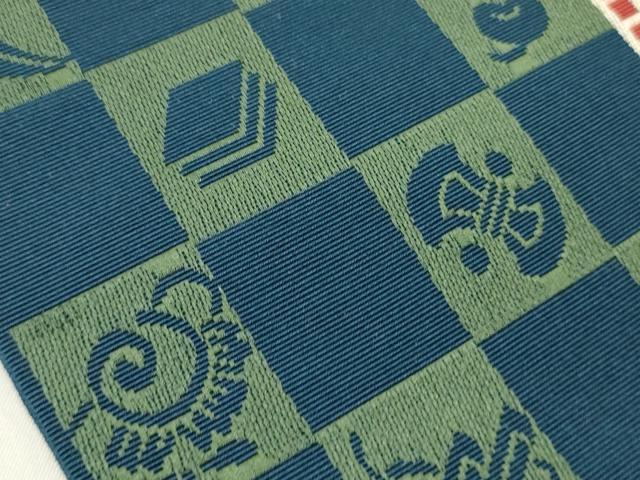 平和屋着物●本場筑前博多織 半幅帯 脇山公詞作 市松吉祥文 証紙付き 正絹 逸品 未使用 CABI4971ak