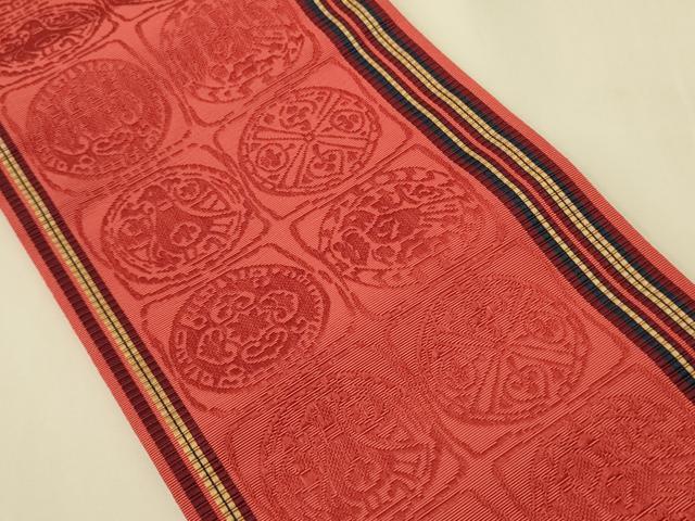平和屋着物●本場筑前博多織 半幅帯 井上絹織謹製 幾何学花鳥文 証紙付き 正絹 逸品 未使用 CABI4974ak